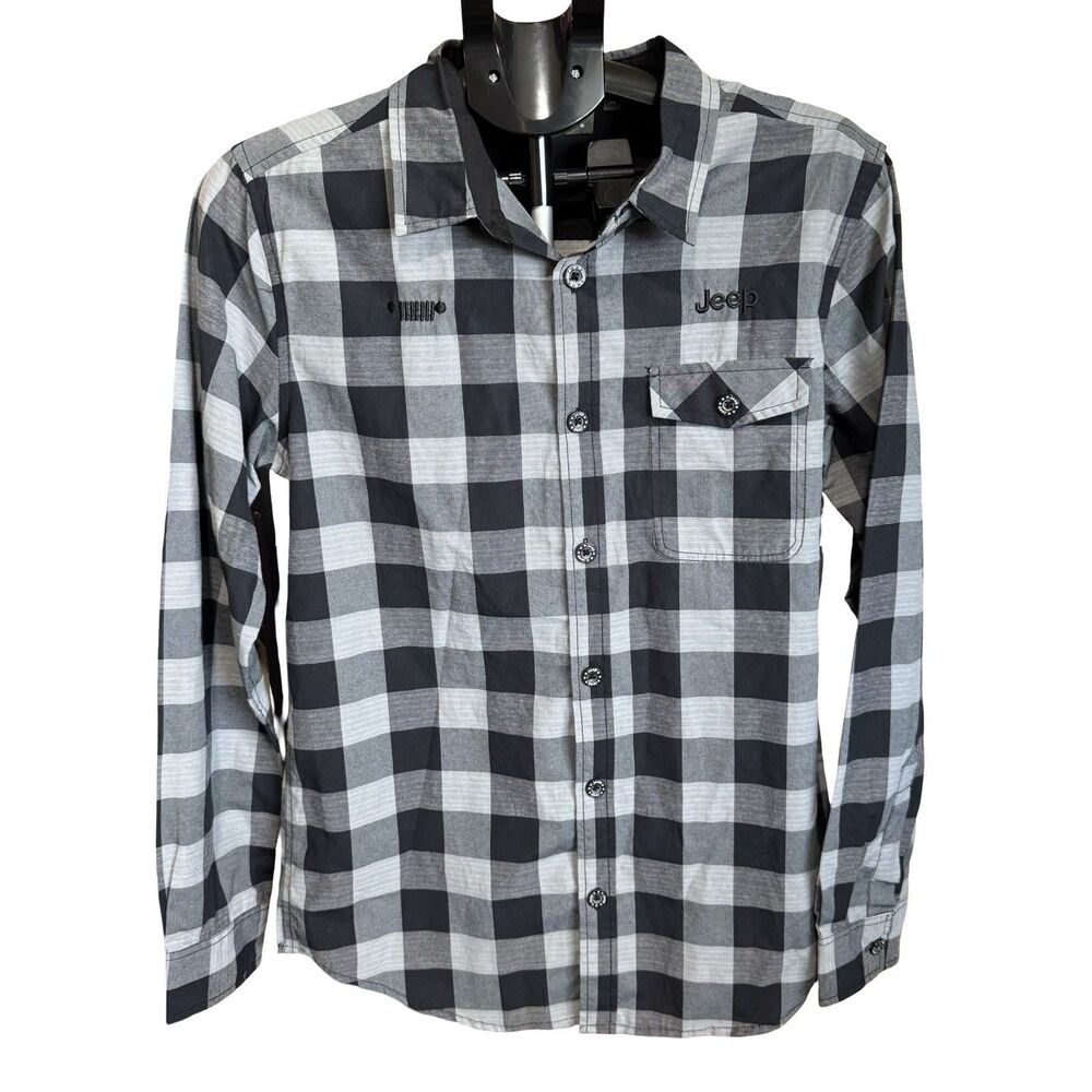Jeep Mens Shirt 38 Long Sleeve - Collared Button Up Casual Wear Plaid Black Gray